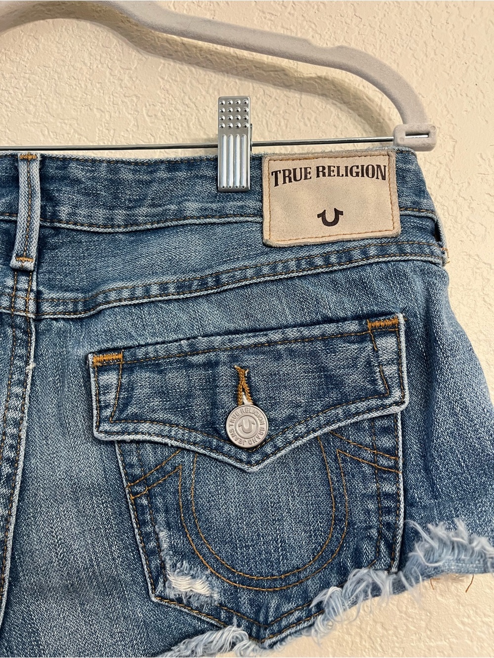 True Religion Classic Light Blue Distressed Denim Y2K Mini shorts